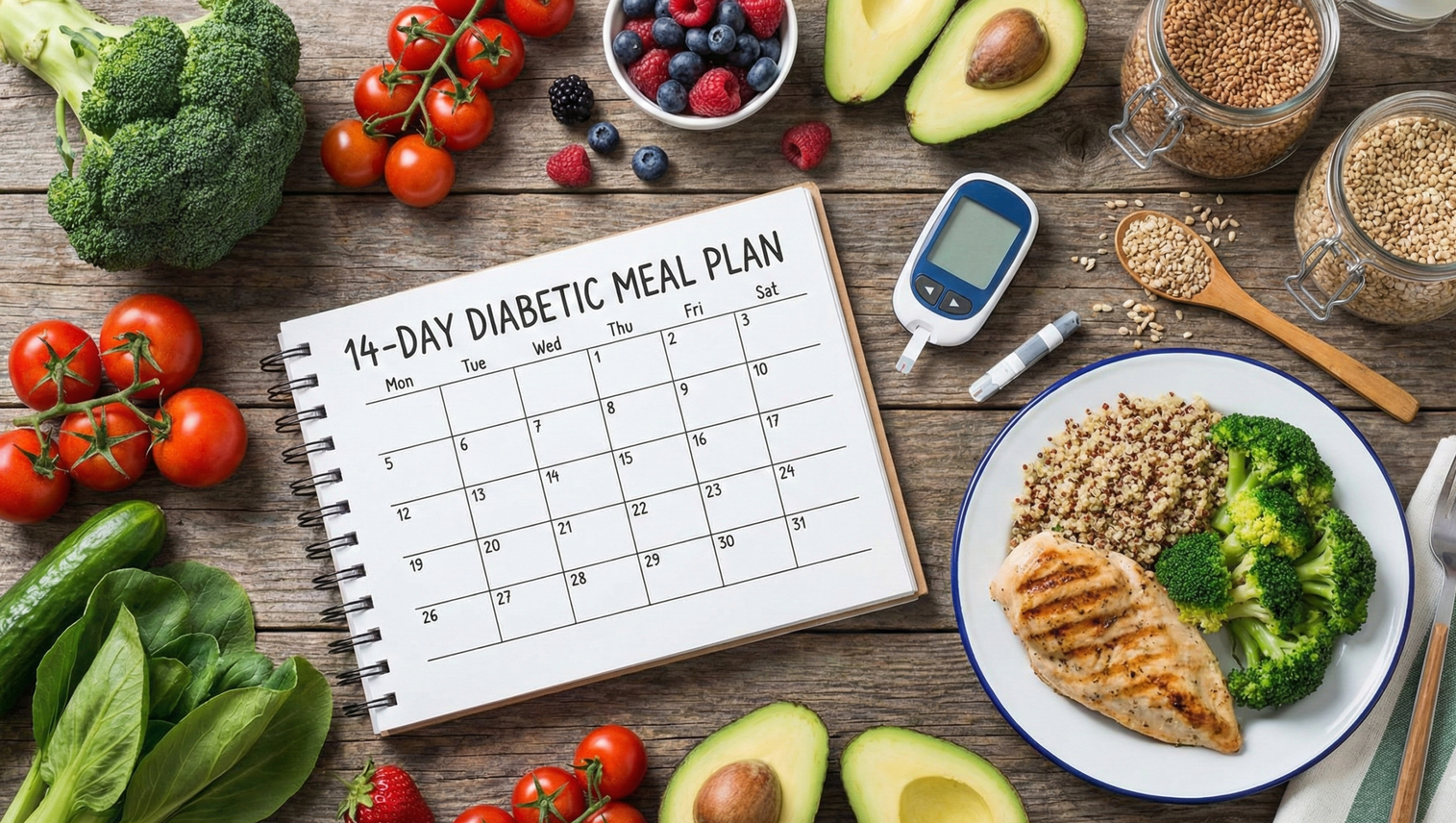 14-Day Diabetic Meal Plan with fresh vegetables, lean proteins, and whole foods for blood sugar control