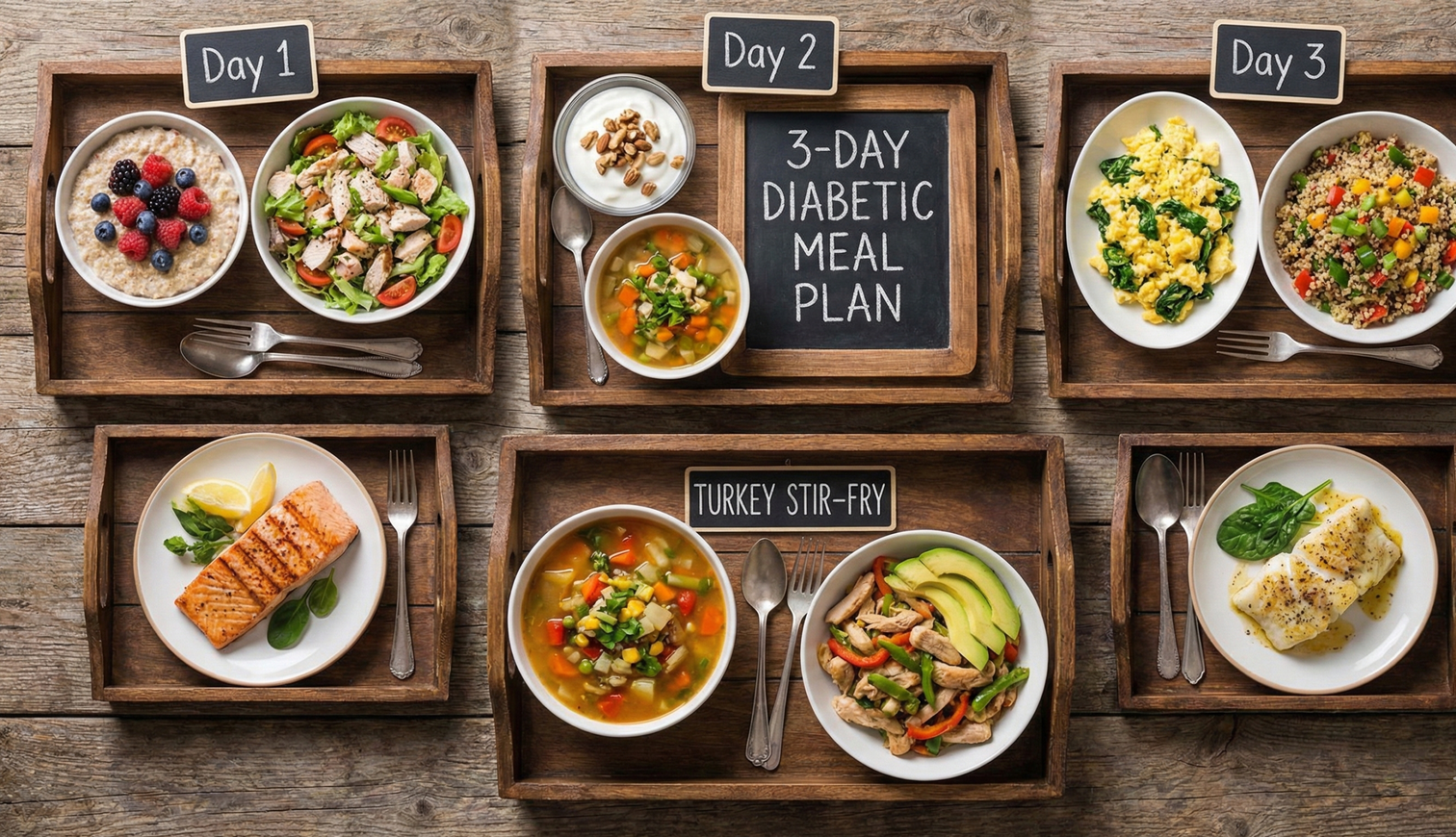 Strategic 3-Day Diabetic Meal Plan with fresh vegetables, lean proteins and whole foods