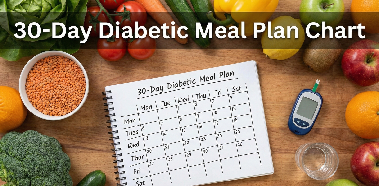 30-Day Diabetic Meal Plan Chart with fresh ingredients and calendar