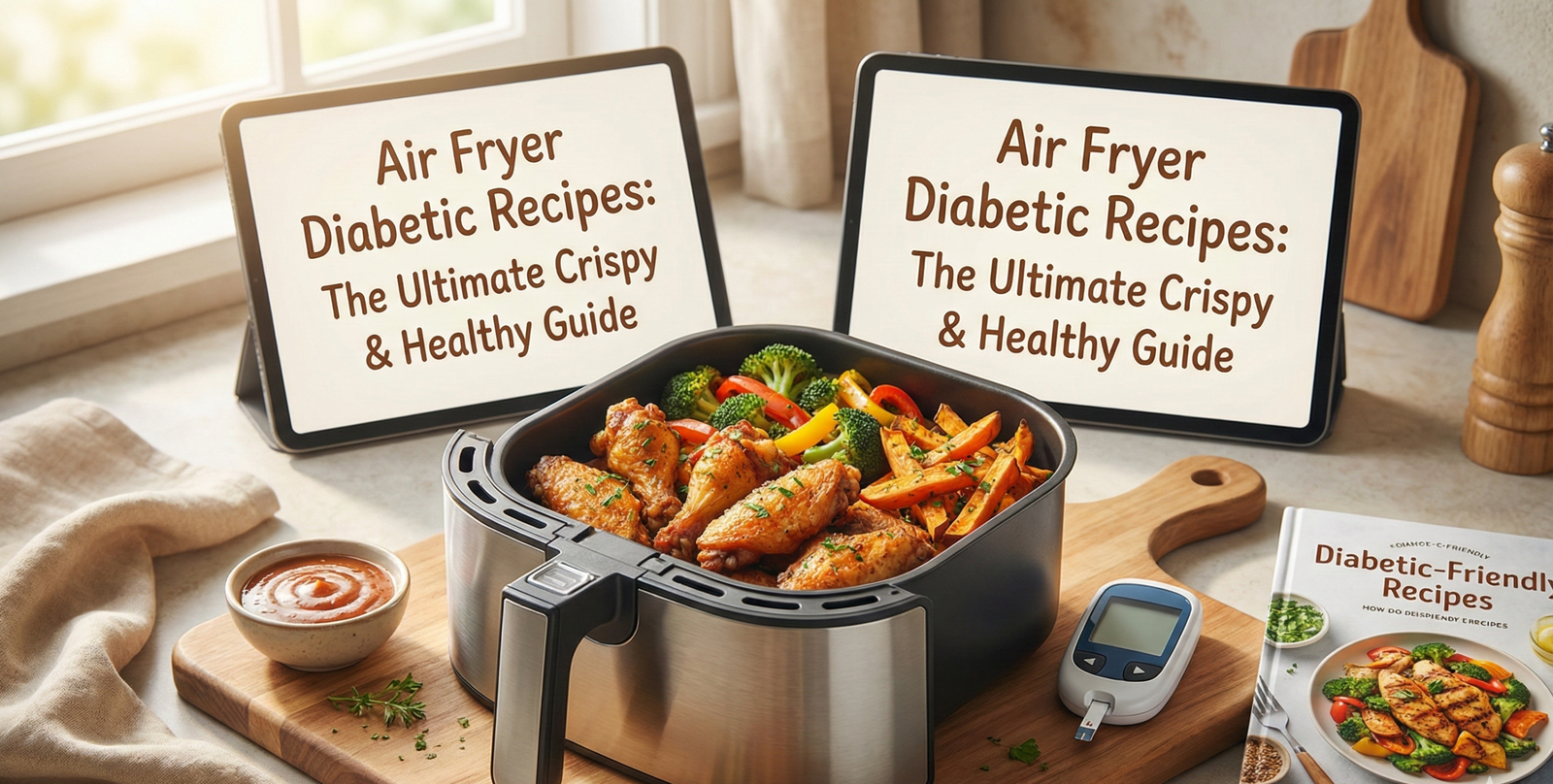 Air Fryer Diabetic Recipes spread with vegetables and salmon
