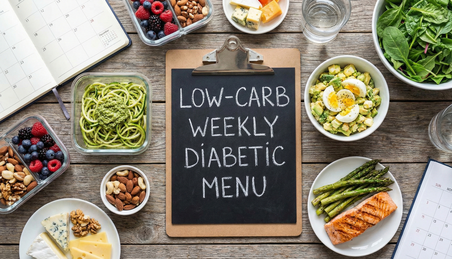 Low carb healthy foods like salmon, avocado, leafy greens and eggs for diabetic meal plan