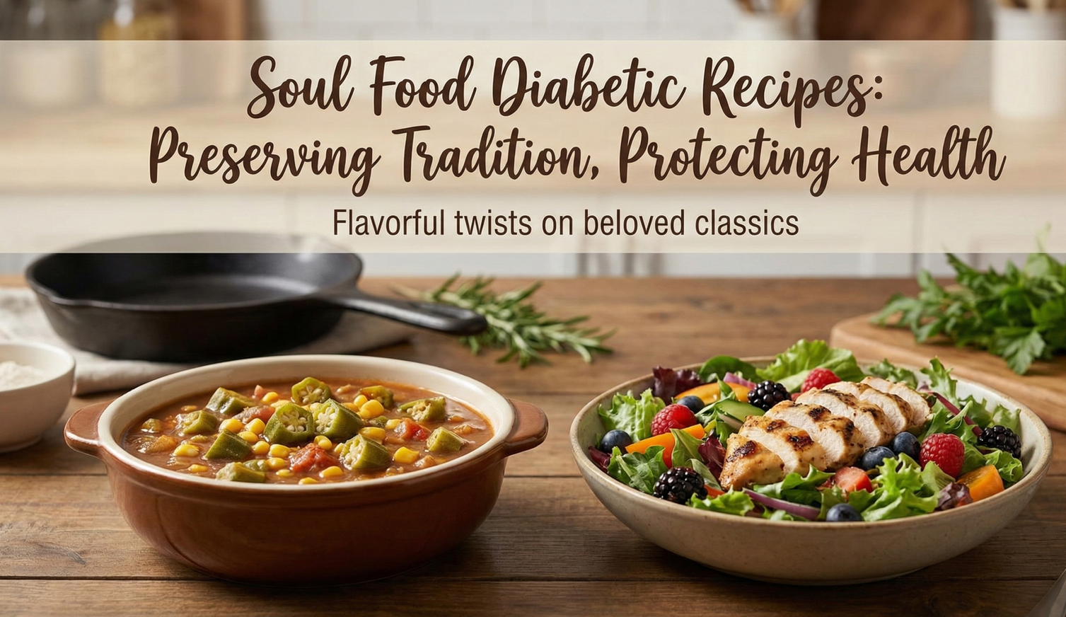 Spread of healthy soul food including greens baked chicken and sweet potatoes