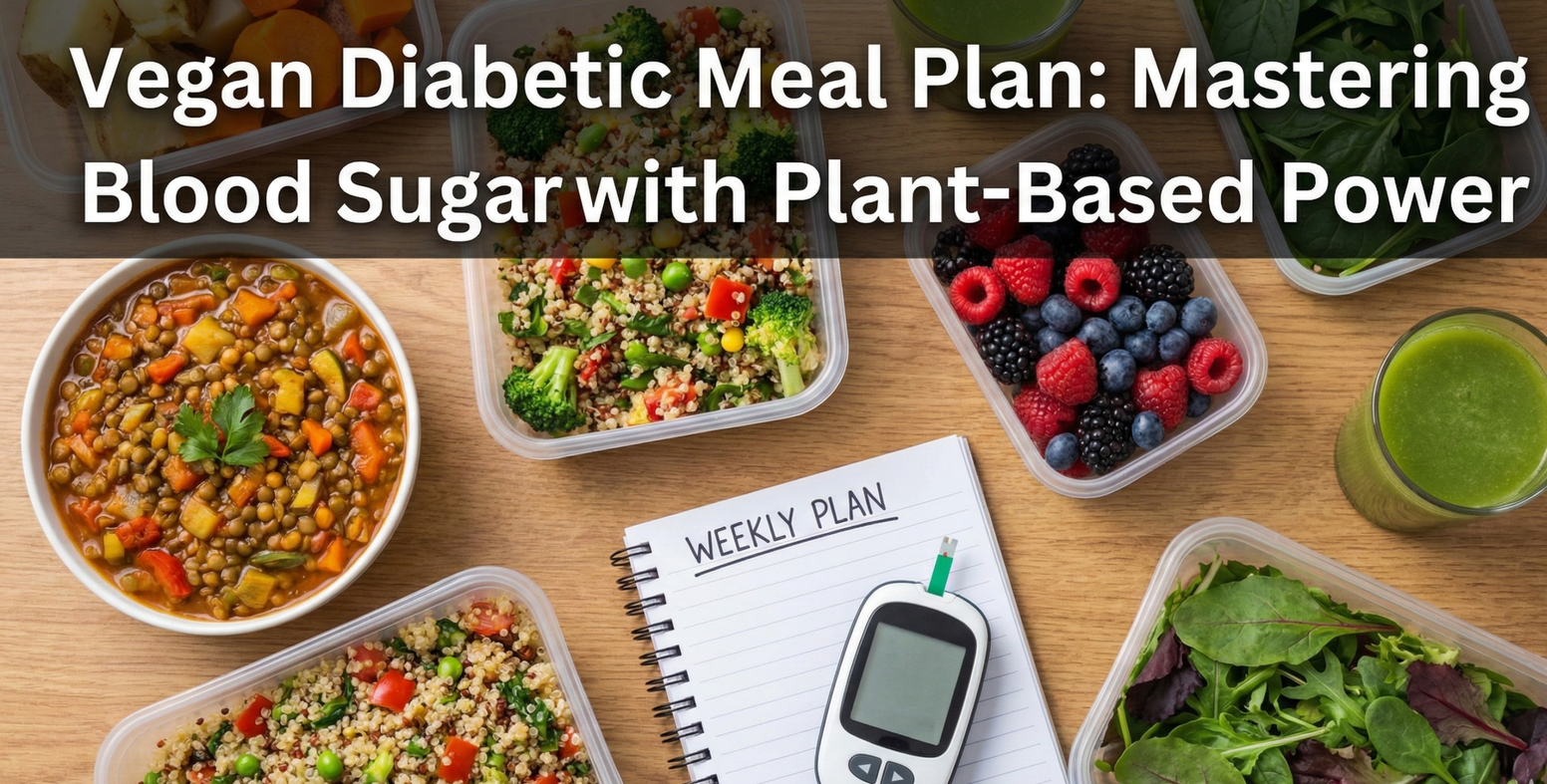 Colorful vegan diabetic meal plan spread with lentils vegetables and whole grains