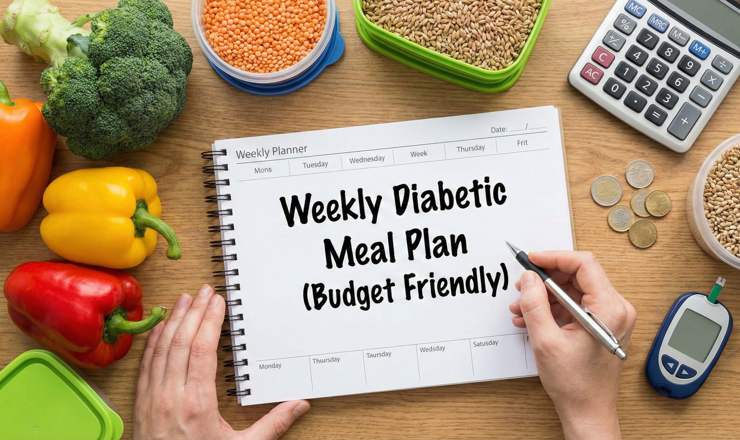 Assortment of affordable healthy foods like lentils, eggs, oats and frozen veggies for budget diabetic meal plan