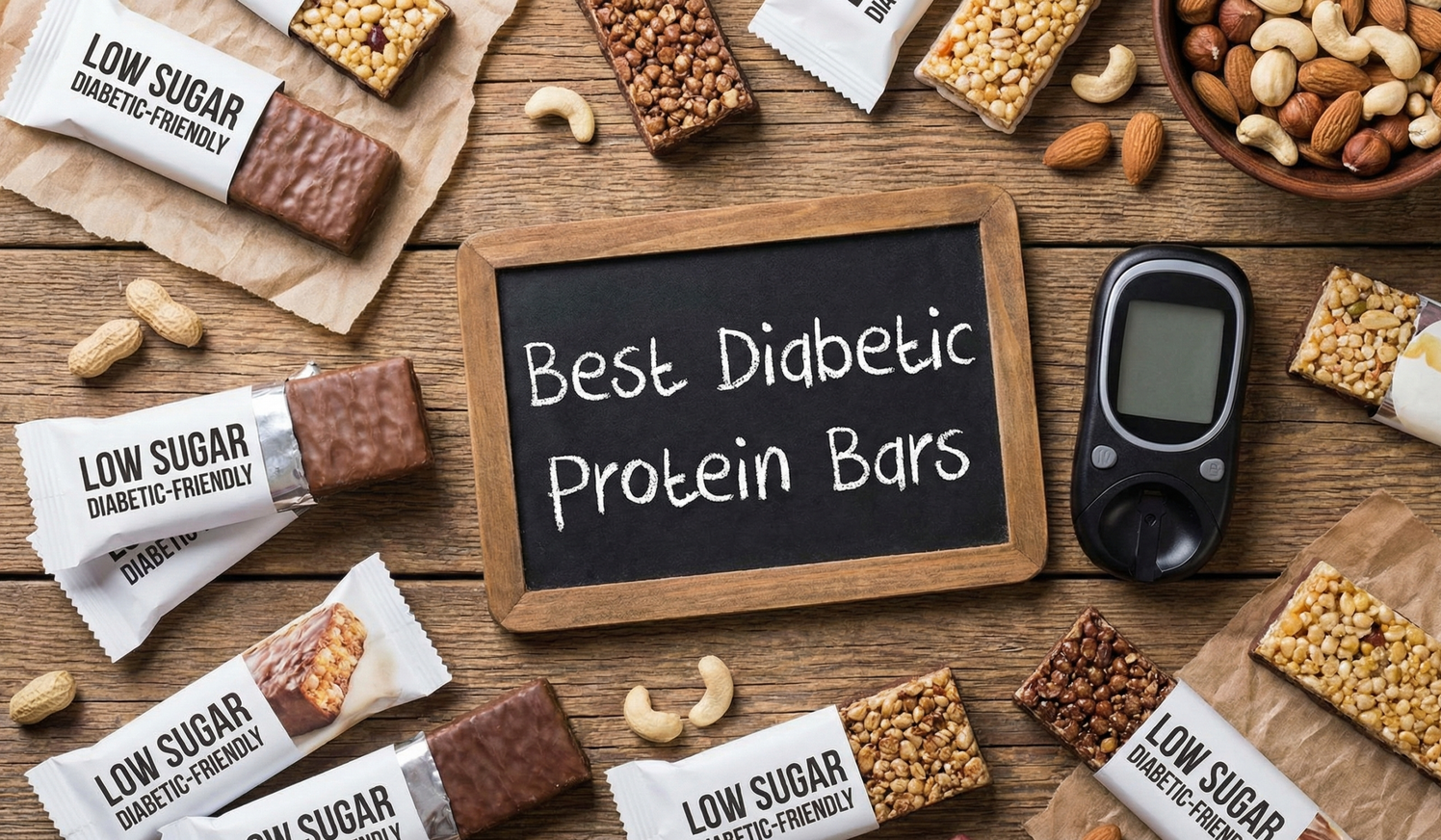 Variety of low-sugar protein bars with nuts and dark chocolate on a wooden table