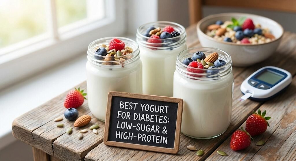 Spoonful of thick greek yogurt with berries