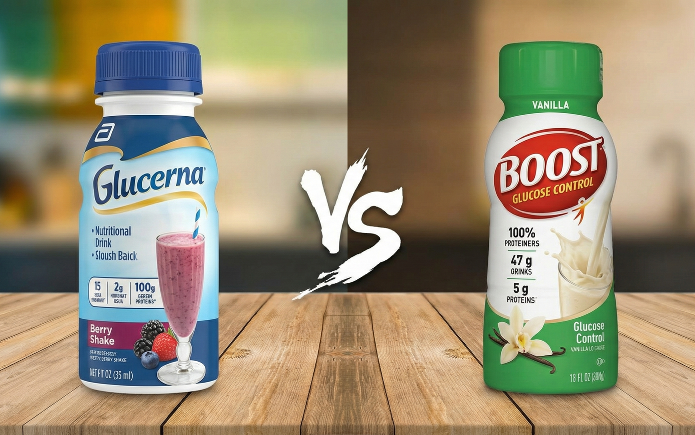 Comparison of Glucerna and Boost Glucose Control shakes on a kitchen counter