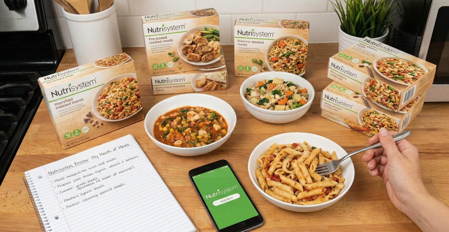 Nutrisystem meal boxes and fresh vegetables on a kitchen counter