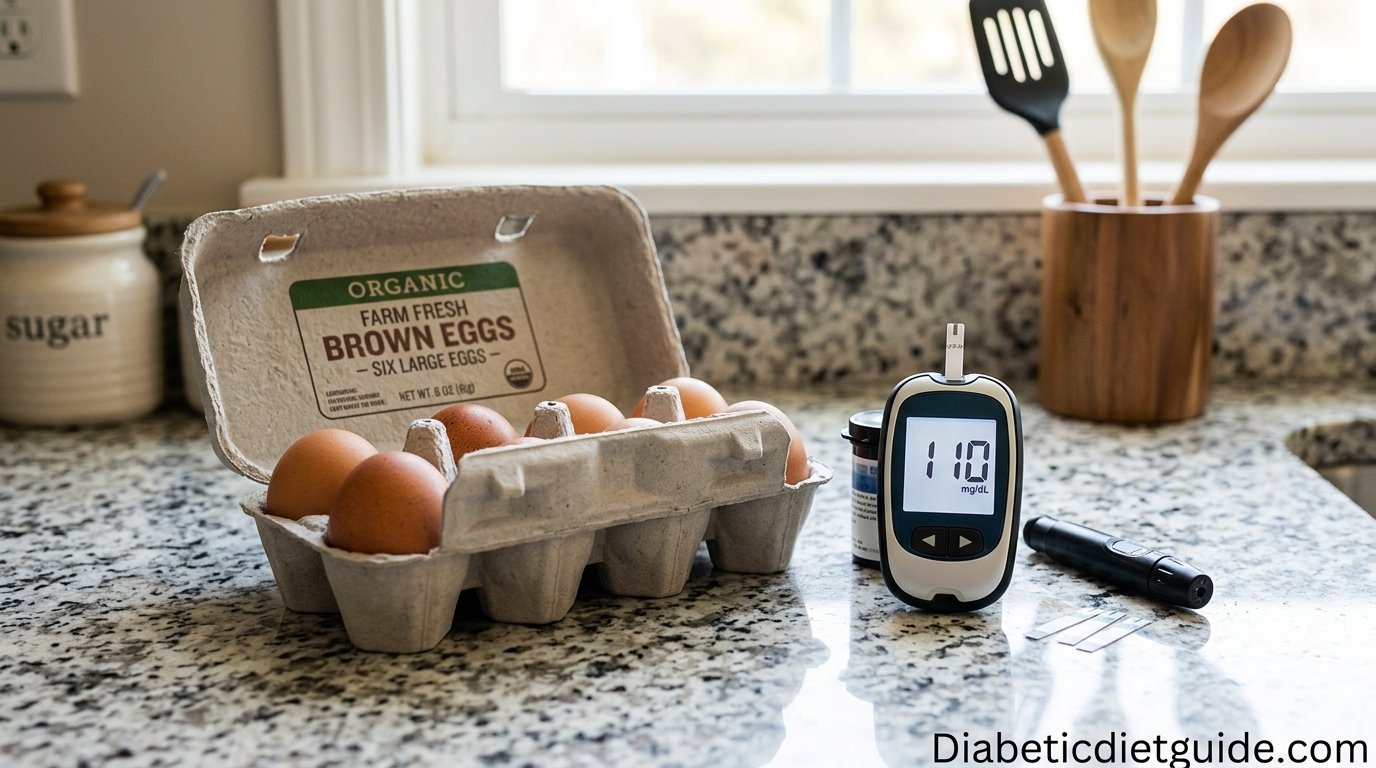 A carton of brown eggs next to a blood glucose meter on a kitchen counter, representing egg intake for people with diabetes