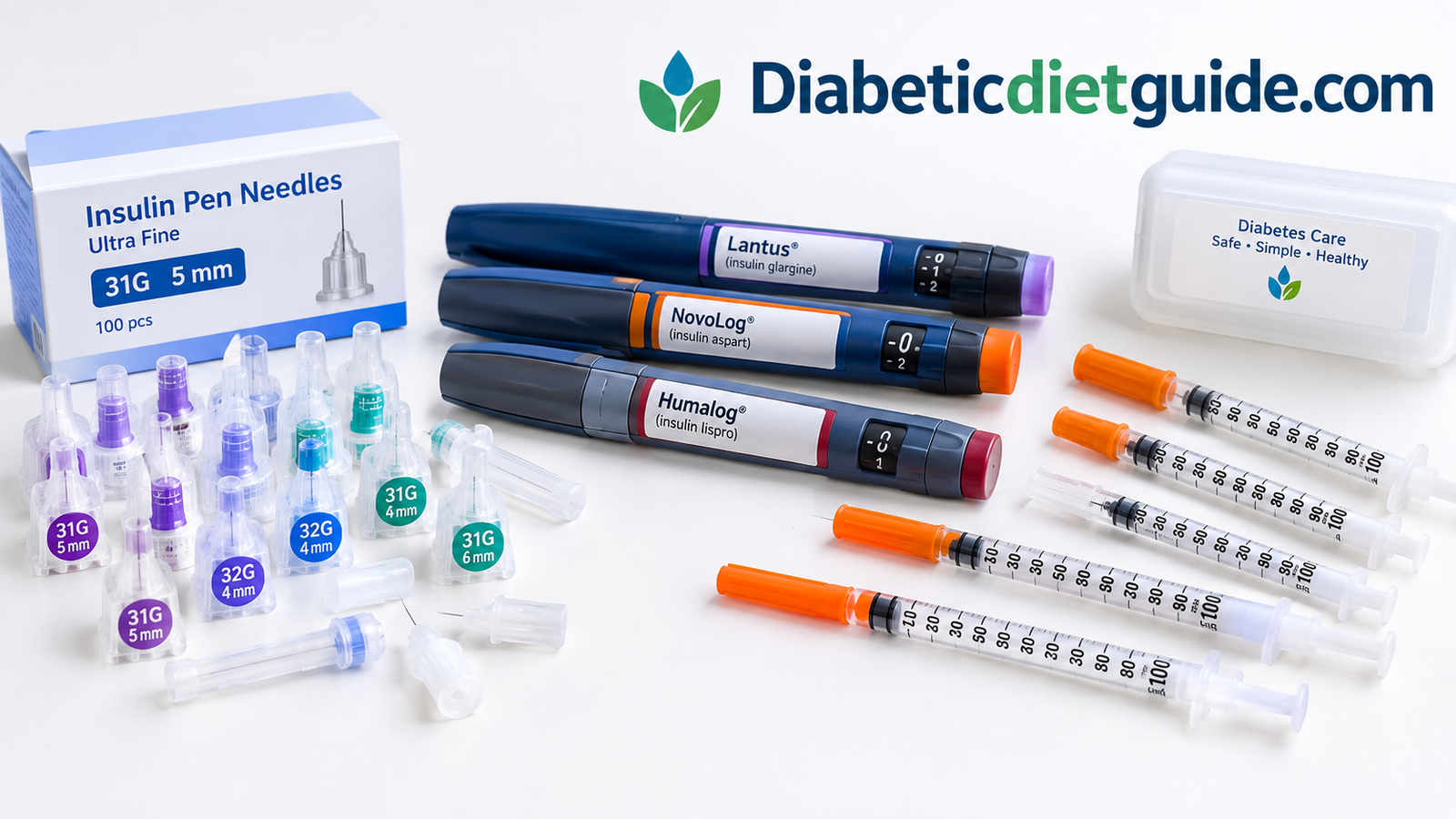 Assortment of diabetic needles, insulin pens, and syringes laid out on a clean surface
