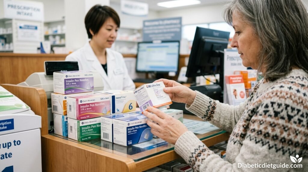 Close-up of a person selecting insulin pen needles at a pharmacy counter
