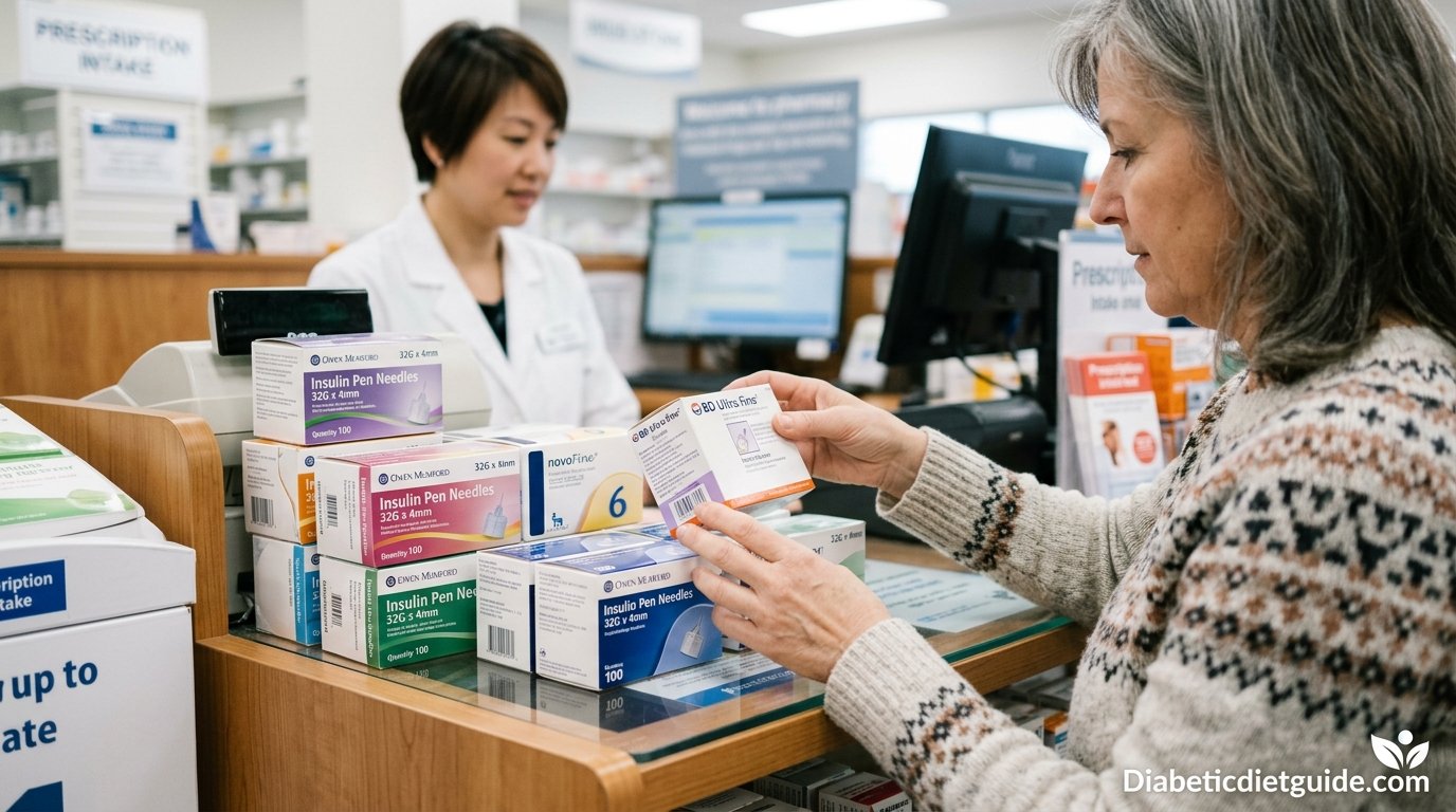 Close-up of a person selecting insulin pen needles at a pharmacy counter