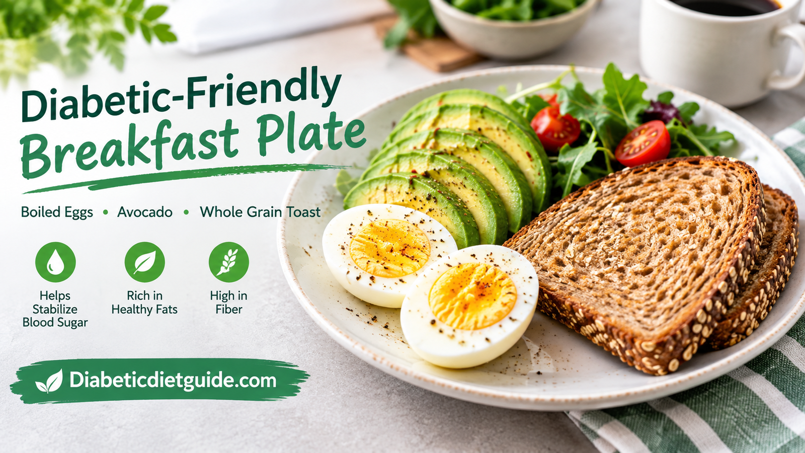 Diabetic-friendly breakfast plate with boiled eggs, avocado, and whole grain toast