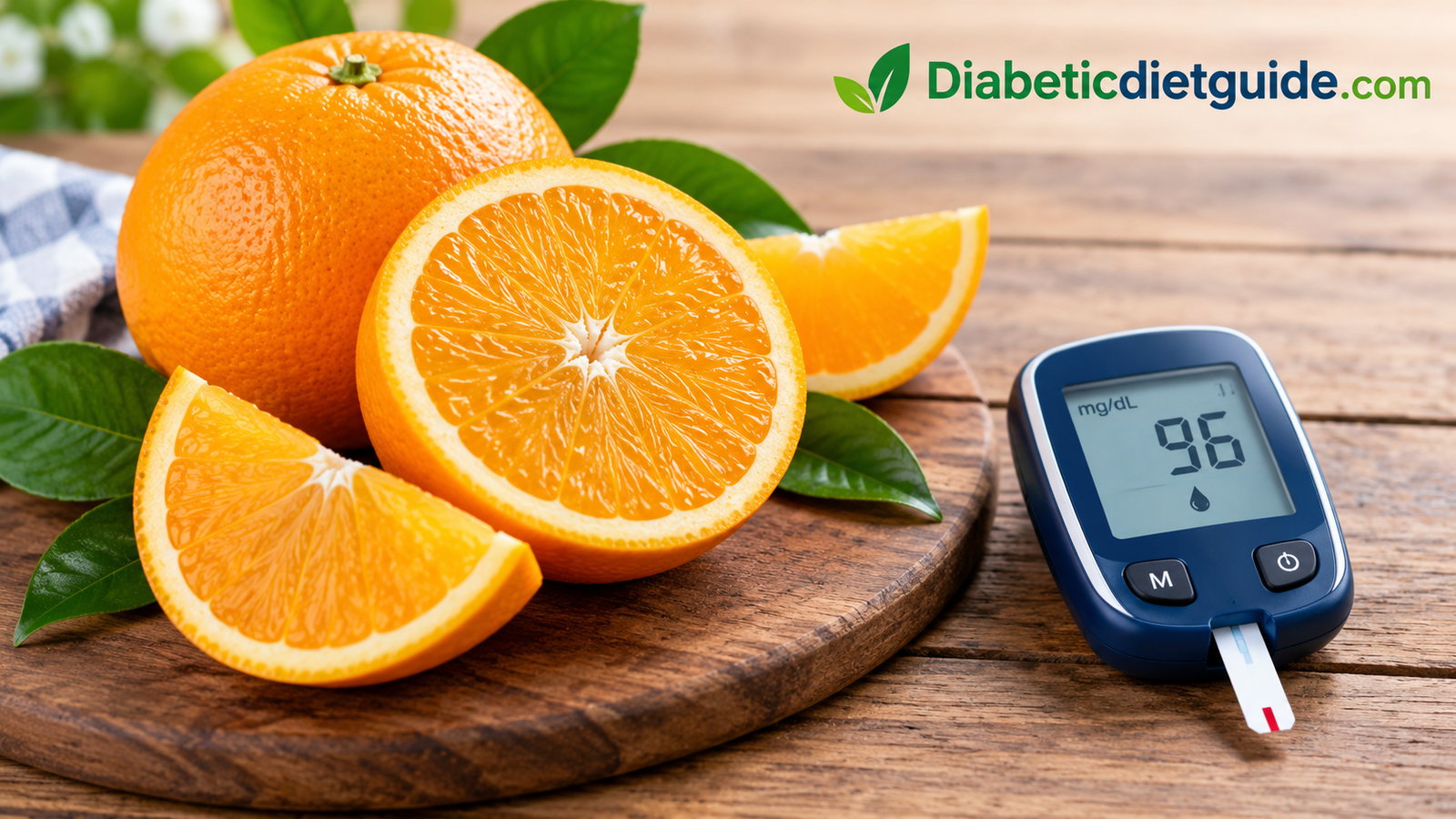Fresh oranges sliced on a wooden table beside a blood glucose meter