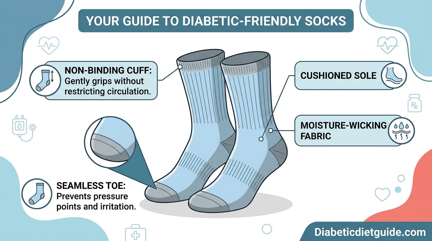 Illustration of diabetic-friendly socks with seamless toe and non-binding cuff