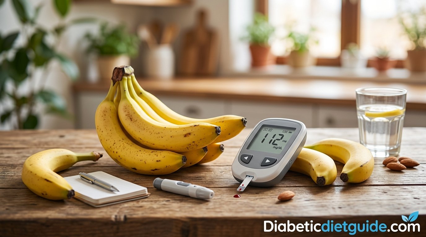 Ripe yellow bananas on a wooden table next to a glucose monitor, representing diabetes and fruit nutrition