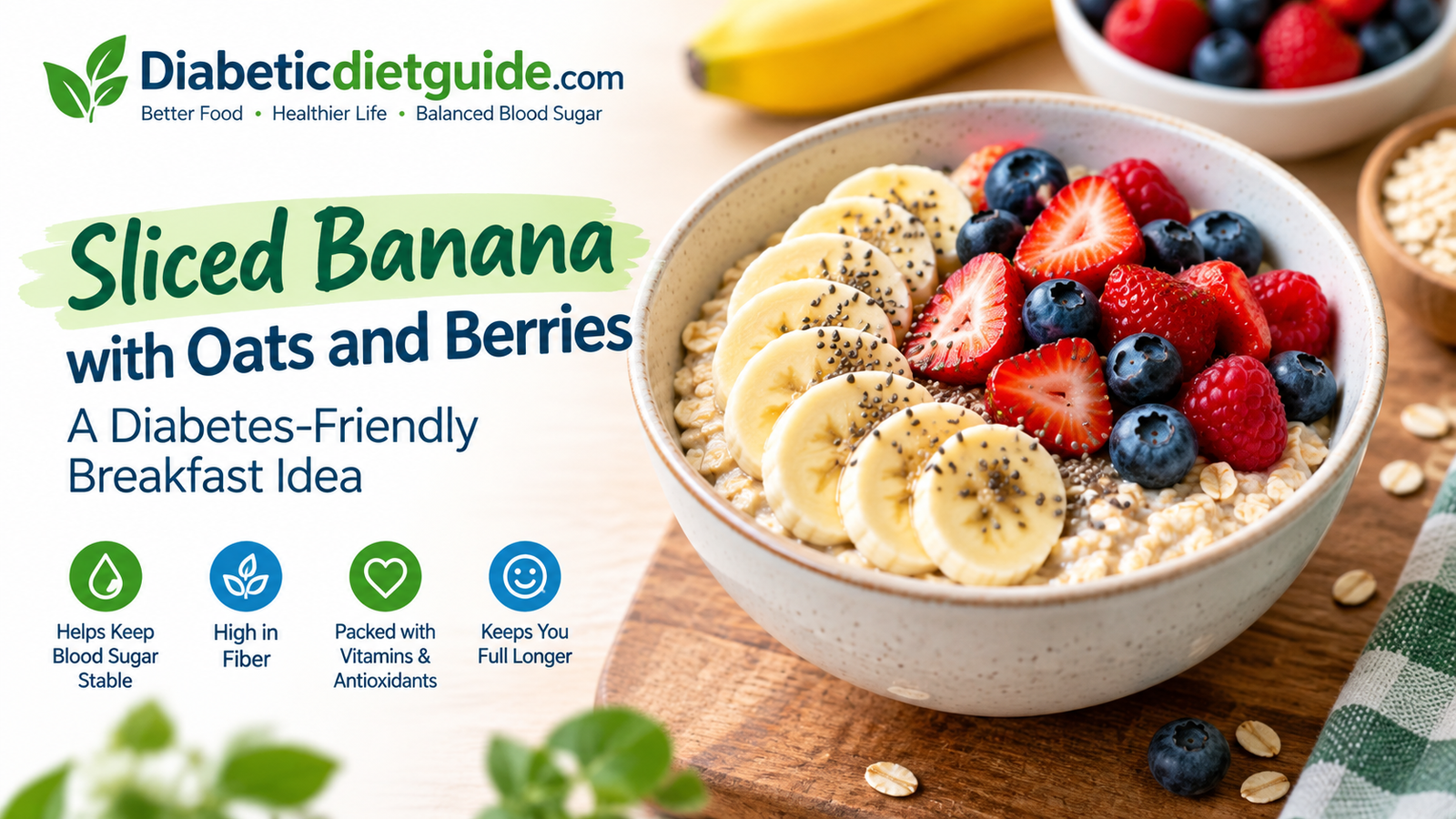 Sliced banana with oats and berries in a bowl, a diabetes-friendly breakfast idea