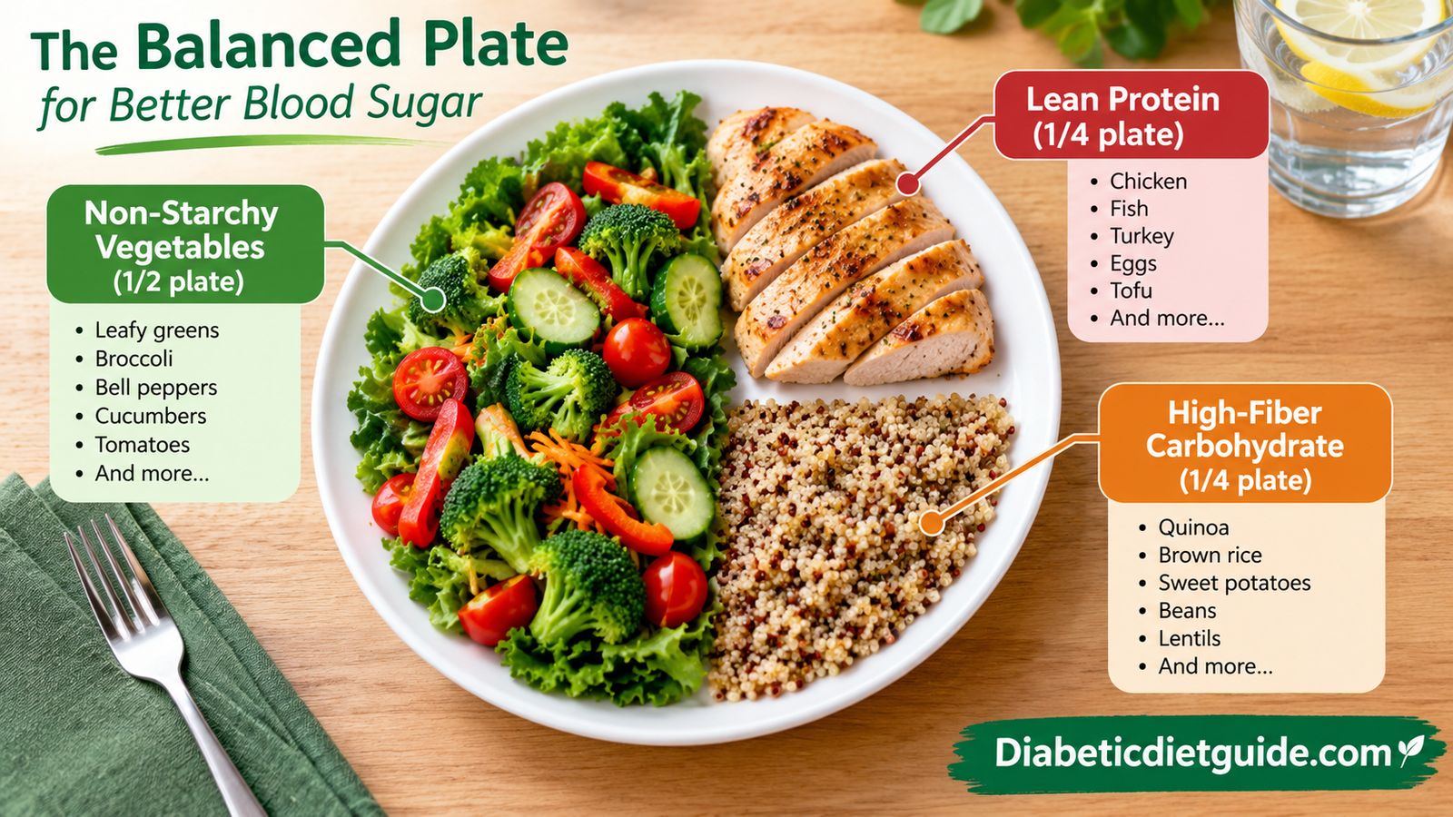 A balanced plate with half non-starchy vegetables, a quarter lean protein and a quarter high-fiber carbohydrate