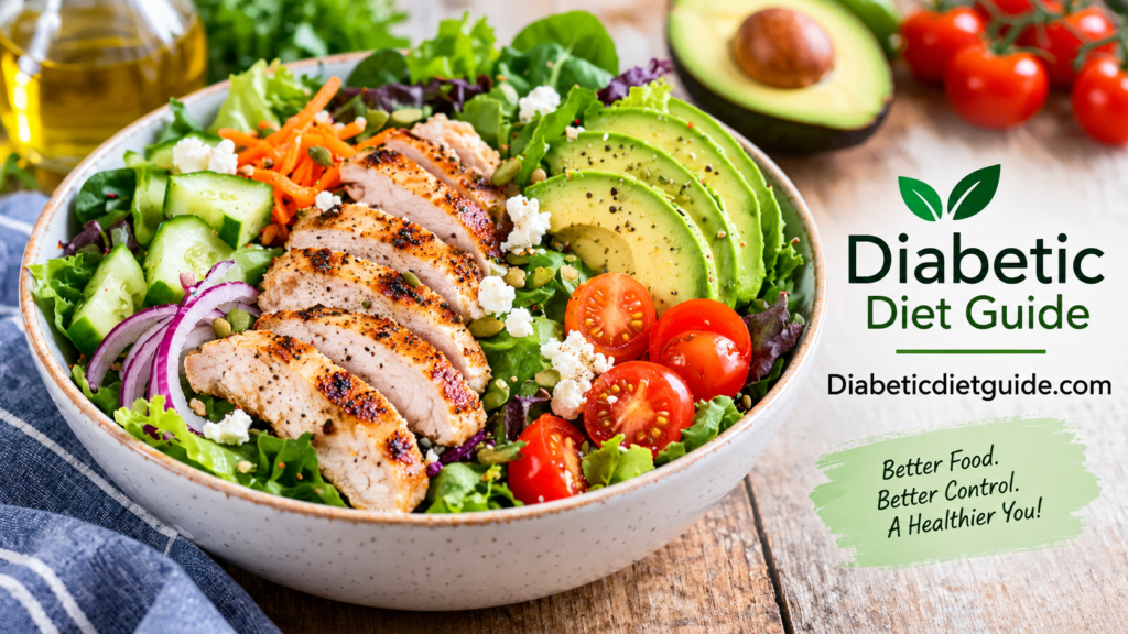 A colorful bowl of fresh diabetic-friendly salad with leafy greens, grilled chicken, avocado, and cherry tomatoes