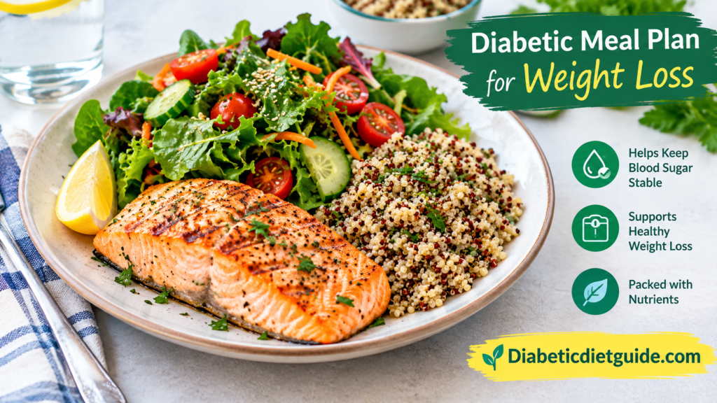 Colorful balanced plate with grilled salmon, leafy greens and quinoa for a diabetic meal plan for weight loss