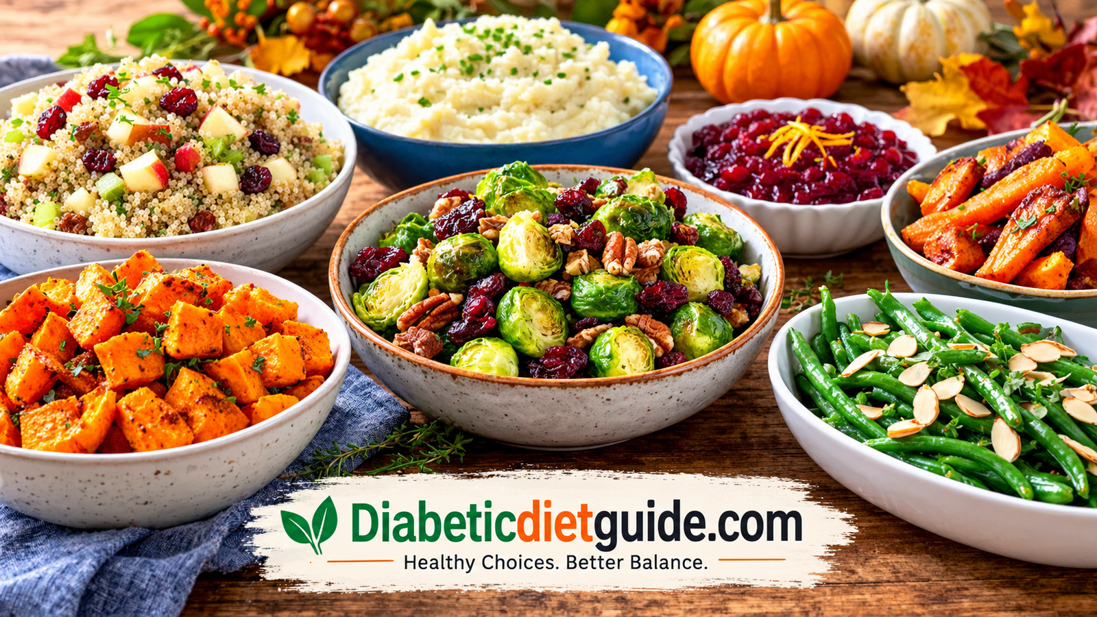 Colorful diabetes-friendly Thanksgiving side dishes arranged on a rustic wooden table