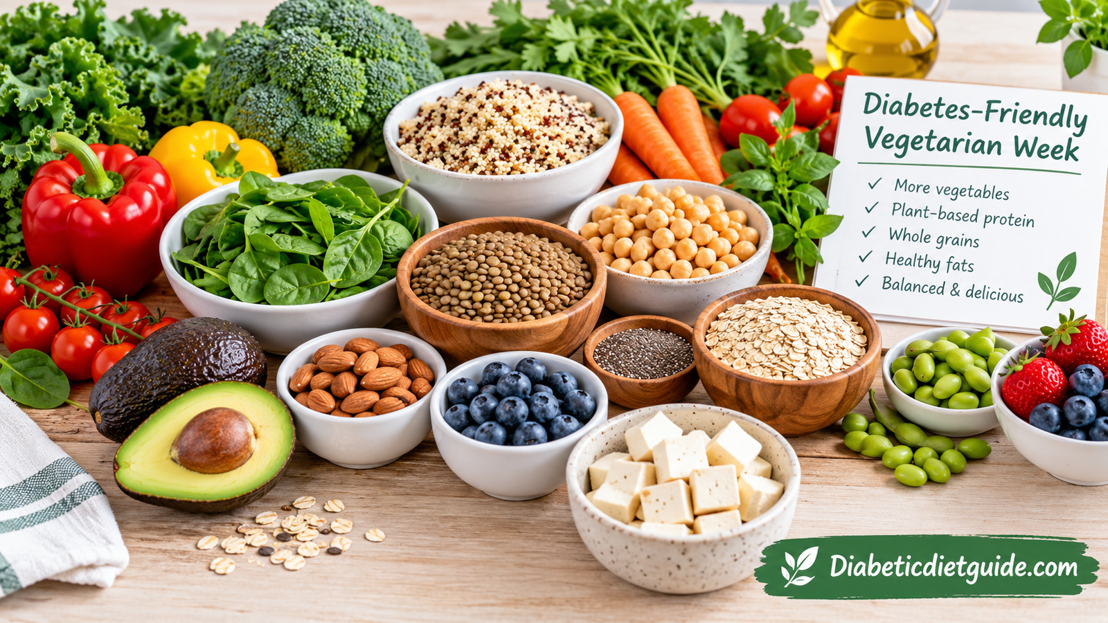 Fresh plant-based ingredients arranged for a diabetes-friendly vegetarian week