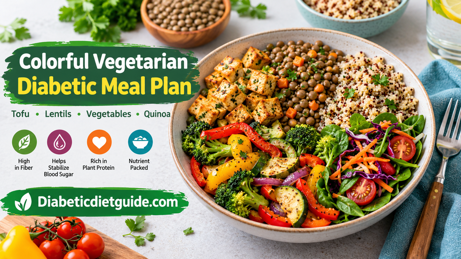 Colorful vegetarian diabetic meal plan with tofu, lentils, vegetables and quinoa