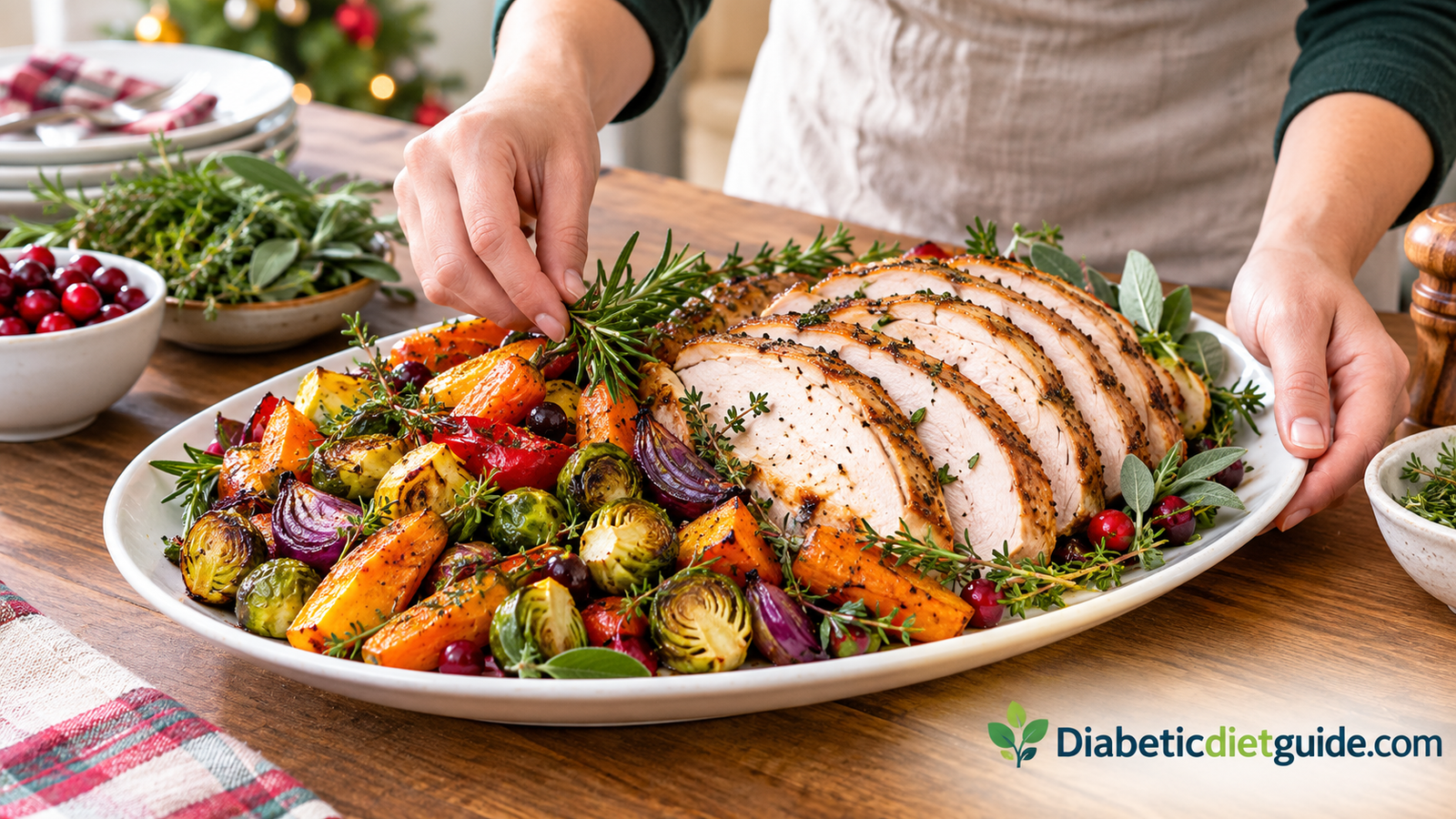 Cook arranging a platter of roasted vegetables, herbs, and sliced turkey for a holiday dinner
