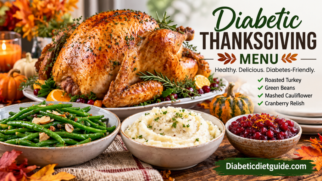 Diabetic Thanksgiving menu with roasted turkey, green beans, mashed cauliflower, and cranberry relish on a harvest table