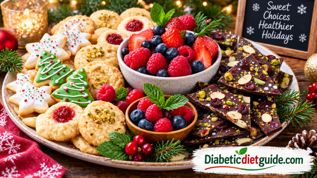Festive diabetic-friendly Christmas dessert platter with sugar-free cookies, berries and chocolate bark