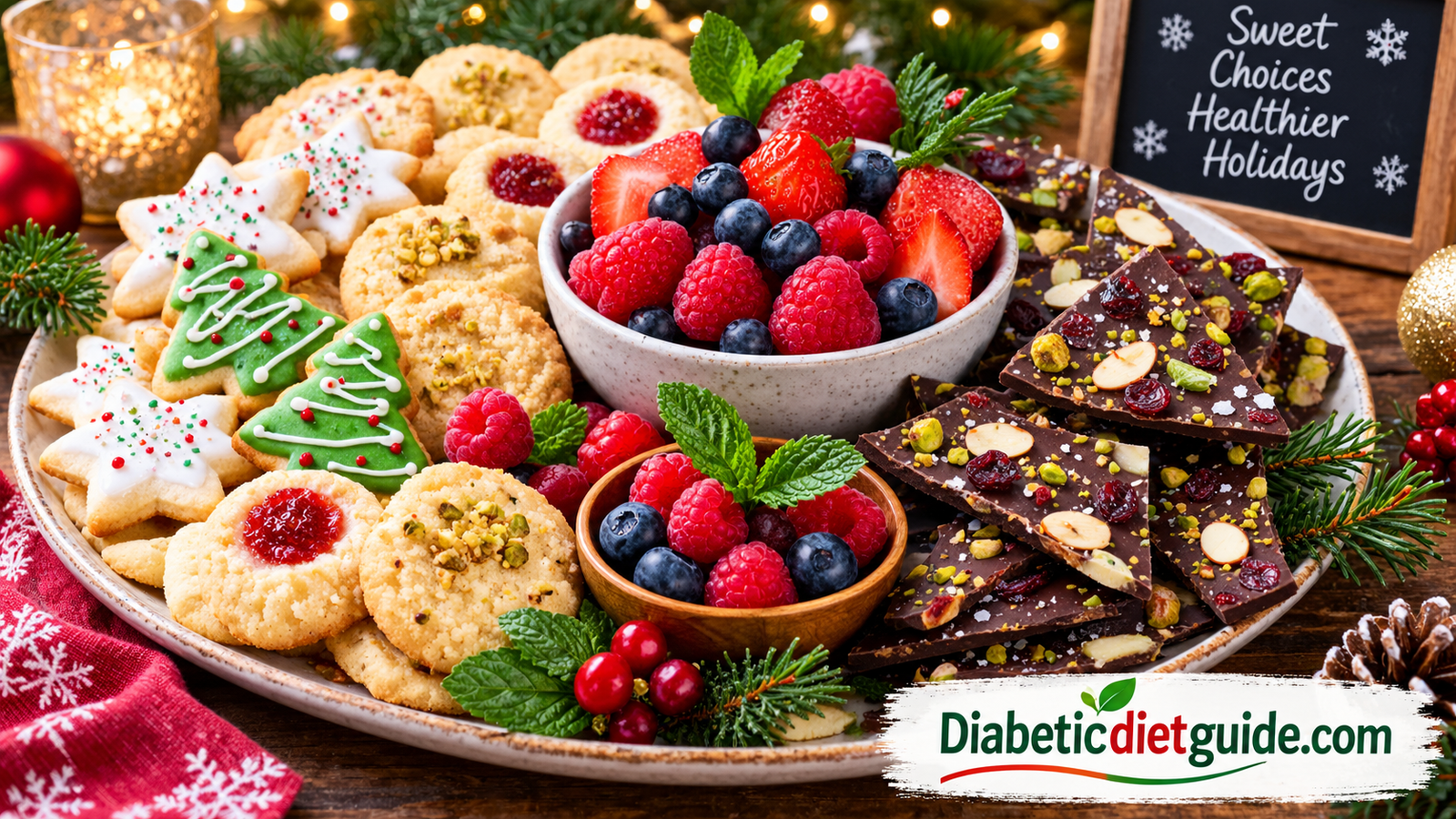 Festive diabetic-friendly Christmas dessert platter with sugar-free cookies, berries and chocolate bark