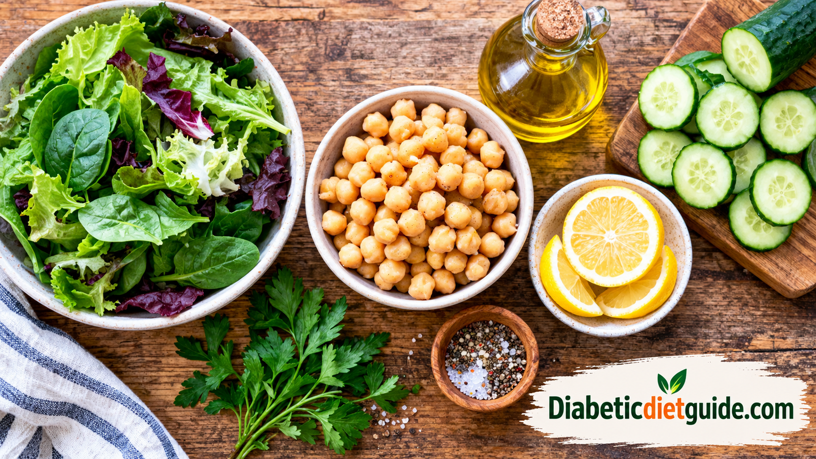Overhead view of several prepped salad ingredients: greens, chickpeas, cucumber, olive oil, and lemon on a wooden table