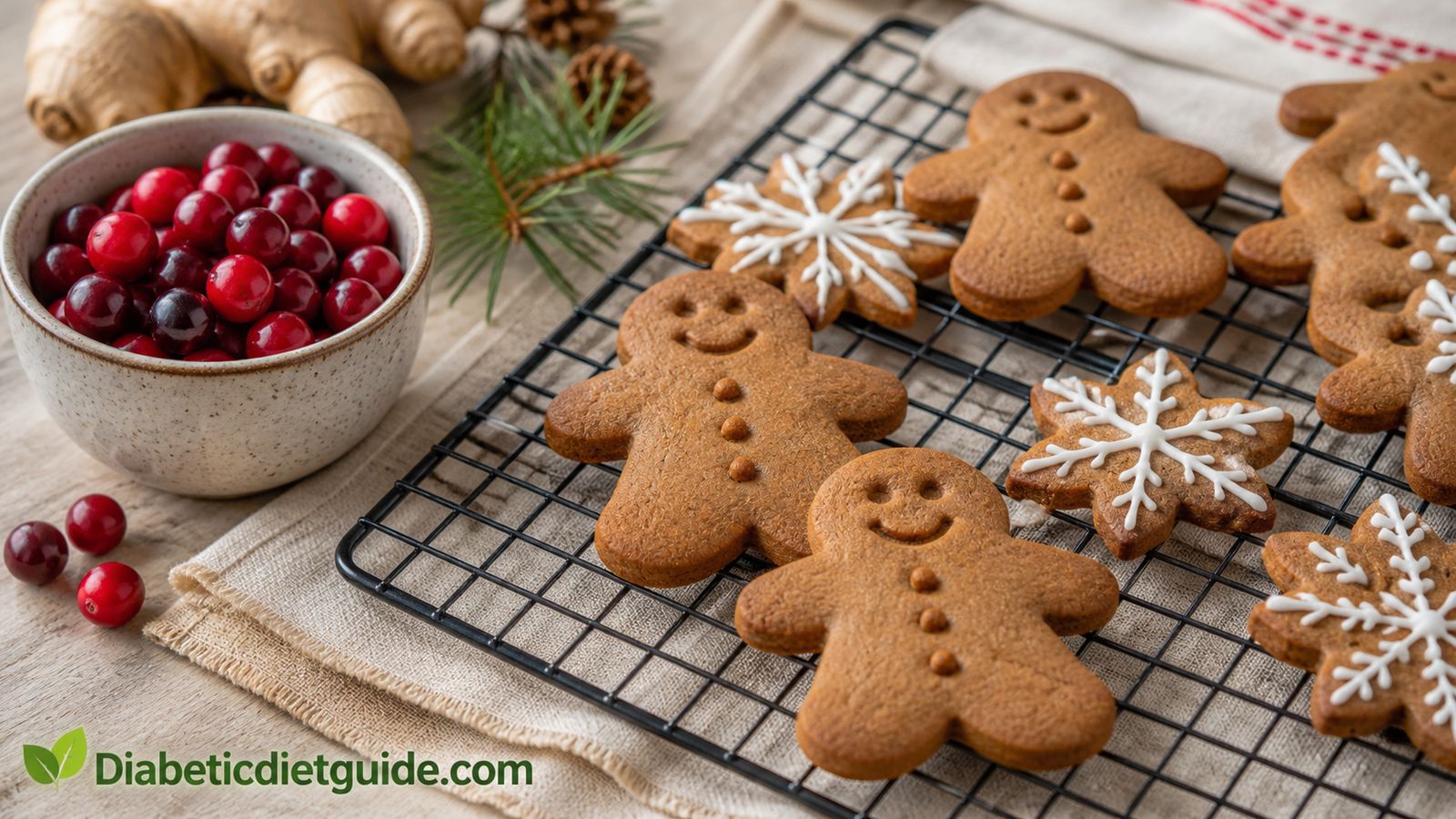 Sugar-free gingerbread cookies cooling on a wire rack beside a bowl of fresh cranberries