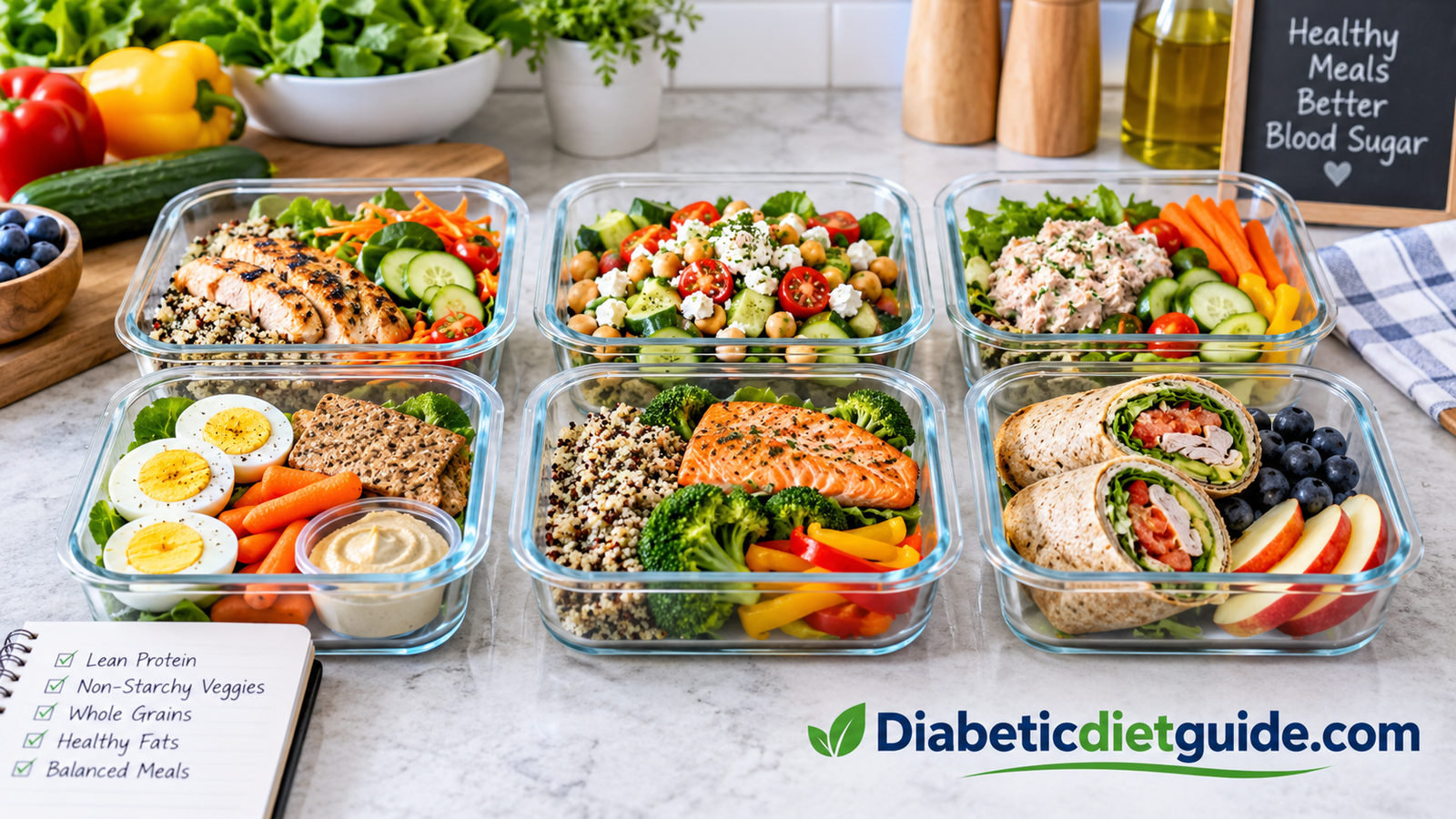 Weekly meal prep containers filled with diabetes-friendly lunches on a kitchen counter